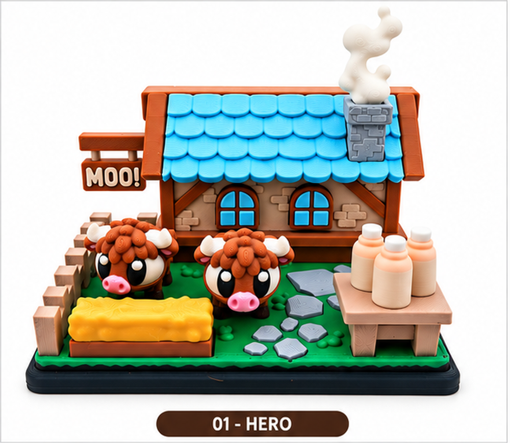 Highland Cow Farm Playset – 3D Printed Cow Farmhouse Playset & Gift