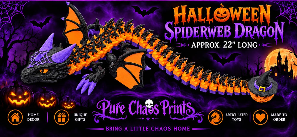 Halloween Spiderweb Dragon – Articulated 3D Printed Dragon with Pumpkin Witch Hat Tail
