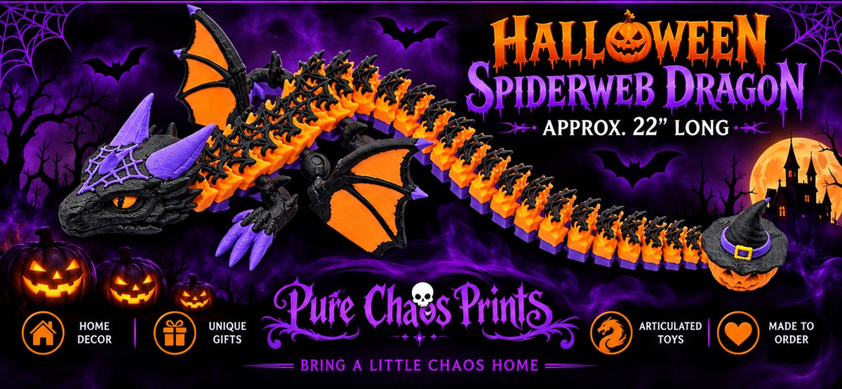 Halloween Spiderweb Dragon – Articulated 3D Printed Dragon with Pumpkin Witch Hat Tail