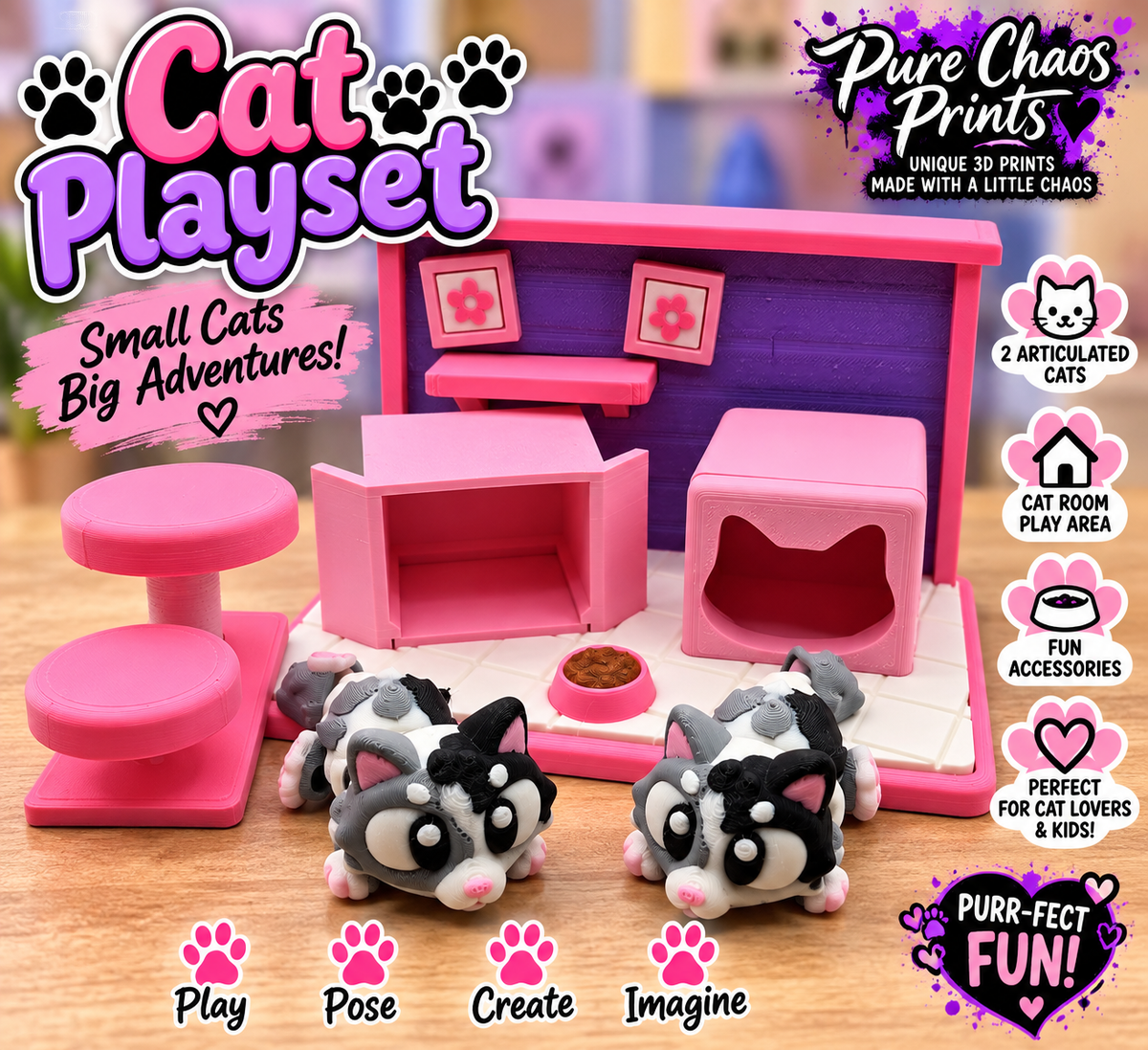 3D Printed Cat Playset with 2 Articulated Cats | Interactive Kitty Room Playset
