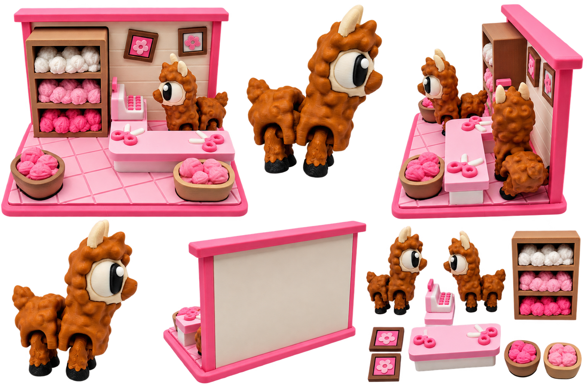 3D Printed Llama Yarn Shop Playset | Interactive Miniature Play Set