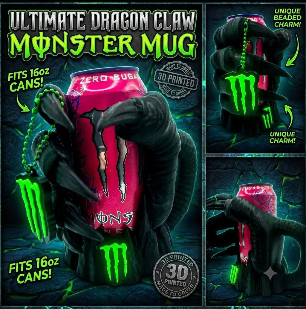 3D Printed Monster Claw Can Holder Mug with Handle – 16oz Energy Drink Cooler